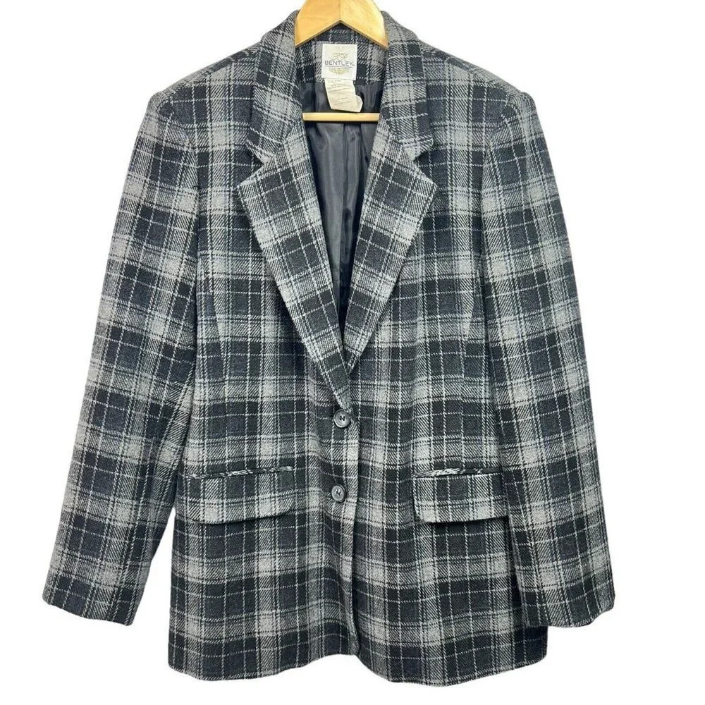 Vintage TR Bentley Blazer Womens 14 Wool Blend Black Gray Plaid Jacket 80s